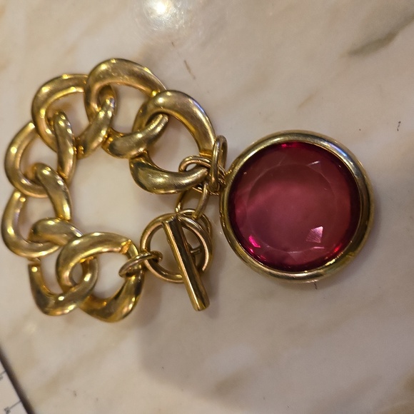 Jewelry - Chunky Gold Tone 7 Link Faux Pink Gem Bracelet 7 3/4"